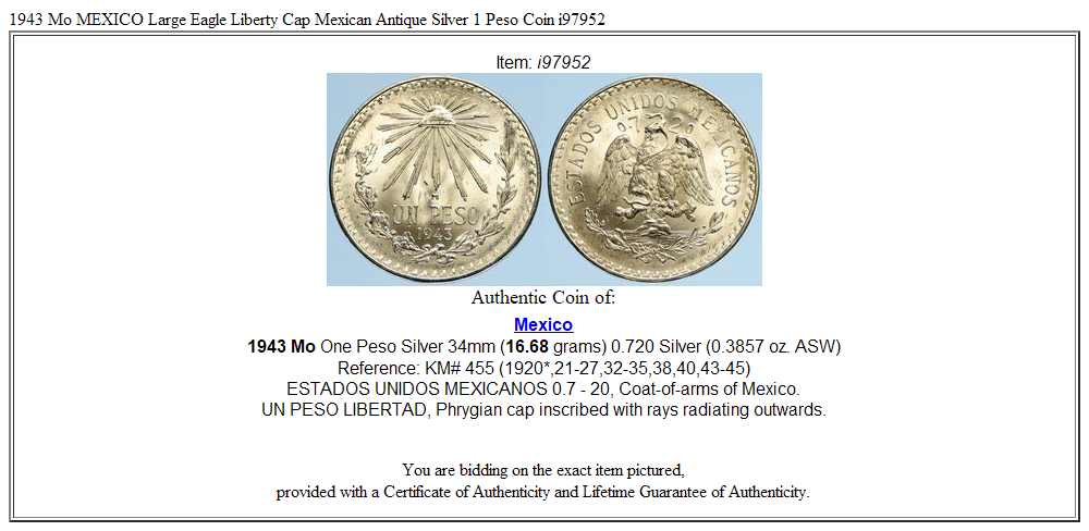 1943 Mo MEXICO Large Eagle Liberty Cap Mexican Antique Silver 1 Peso Coin i97952