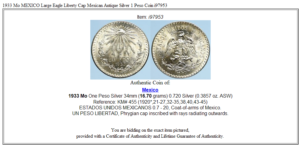 1933 Mo MEXICO Large Eagle Liberty Cap Mexican Antique Silver 1 Peso Coin i97953