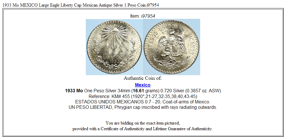 1933 Mo MEXICO Large Eagle Liberty Cap Mexican Antique Silver 1 Peso Coin i97954