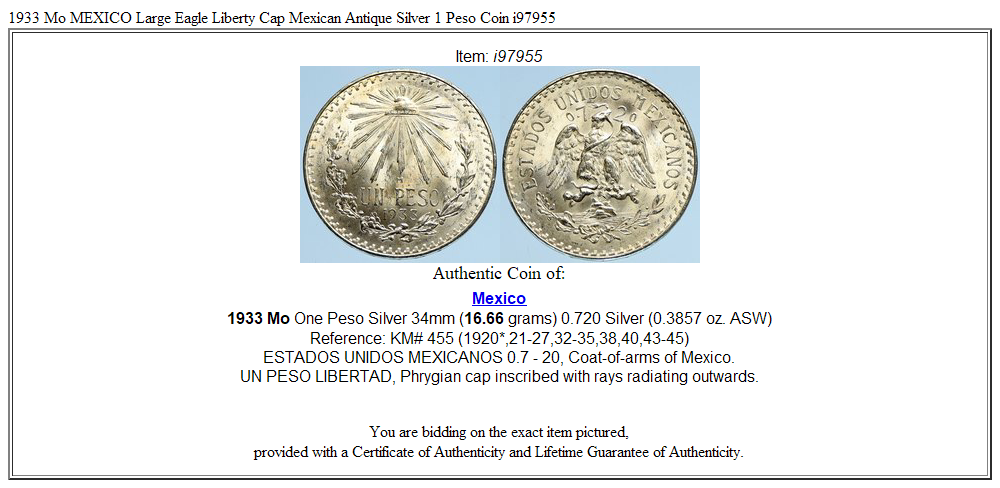 1933 Mo MEXICO Large Eagle Liberty Cap Mexican Antique Silver 1 Peso Coin i97955