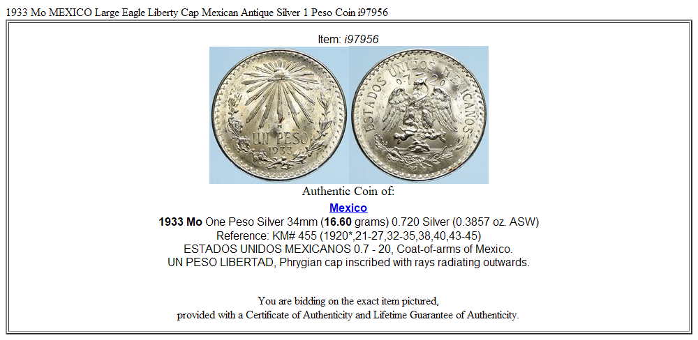 1933 Mo MEXICO Large Eagle Liberty Cap Mexican Antique Silver 1 Peso Coin i97956