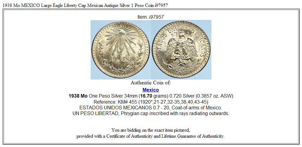 1938 Mo MEXICO Large Eagle Liberty Cap Mexican Antique Silver 1 Peso Coin i97957