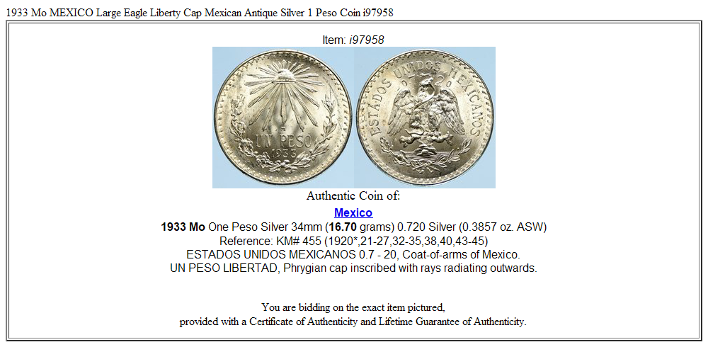 1933 Mo MEXICO Large Eagle Liberty Cap Mexican Antique Silver 1 Peso Coin i97958