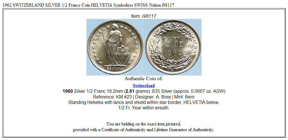 1962 SWITZERLAND SILVER 1/2 Francs Coin HELVETIA Symbolizes SWISS Nation i98117