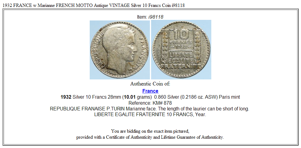 1932 FRANCE w Marianne FRENCH MOTTO Antique VINTAGE Silver 10 Francs Coin i98118