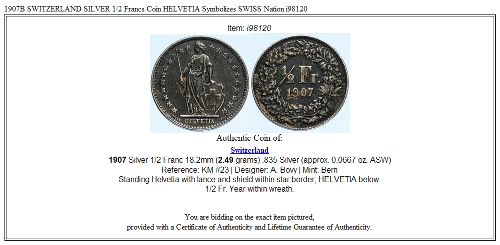 1907B SWITZERLAND SILVER 1/2 Francs Coin HELVETIA Symbolizes SWISS Nation i98120