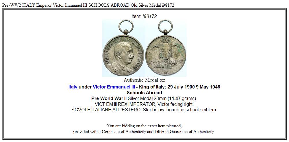 Pre-WW2 ITALY Emperor Victor Immanuel III SCHOOLS ABROAD Old Silver Medal i98172