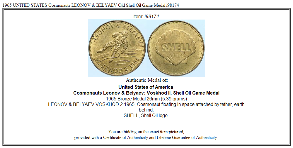 1965 UNITED STATES Cosmonauts LEONOV & BELYAEV Old Shell Oil Game Medal i98174