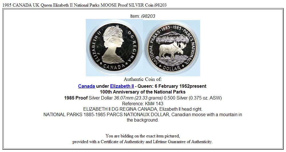 1985 CANADA UK Queen Elizabeth II National Parks MOOSE Proof SILVER Coin i98203