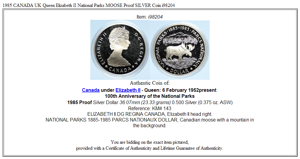 1985 CANADA UK Queen Elizabeth II National Parks MOOSE Proof SILVER Coin i98204