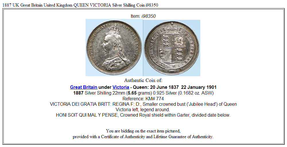 1887 UK Great Britain United Kingdom QUEEN VICTORIA Silver Shilling Coin i98350