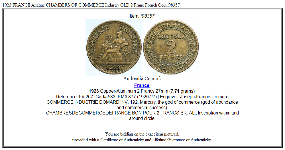 1923 FRANCE Antique CHAMBERS OF COMMERCE Industry OLD 2 Franc French Coin i98357