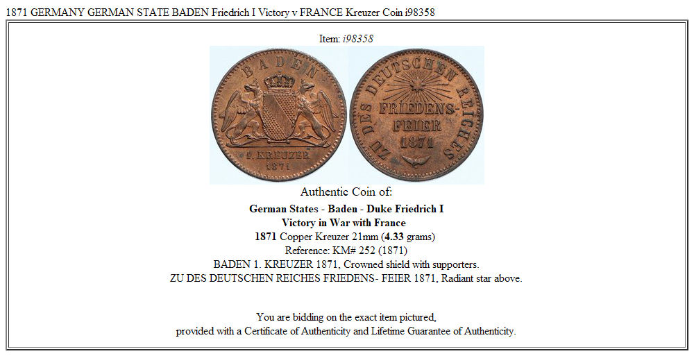 1871 GERMANY GERMAN STATE BADEN Friedrich I Victory v FRANCE Kreuzer Coin i98358