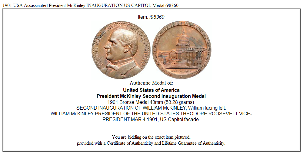 1901 USA Assassinated President McKinley INAUGURATION US CAPITOL Medal i98360