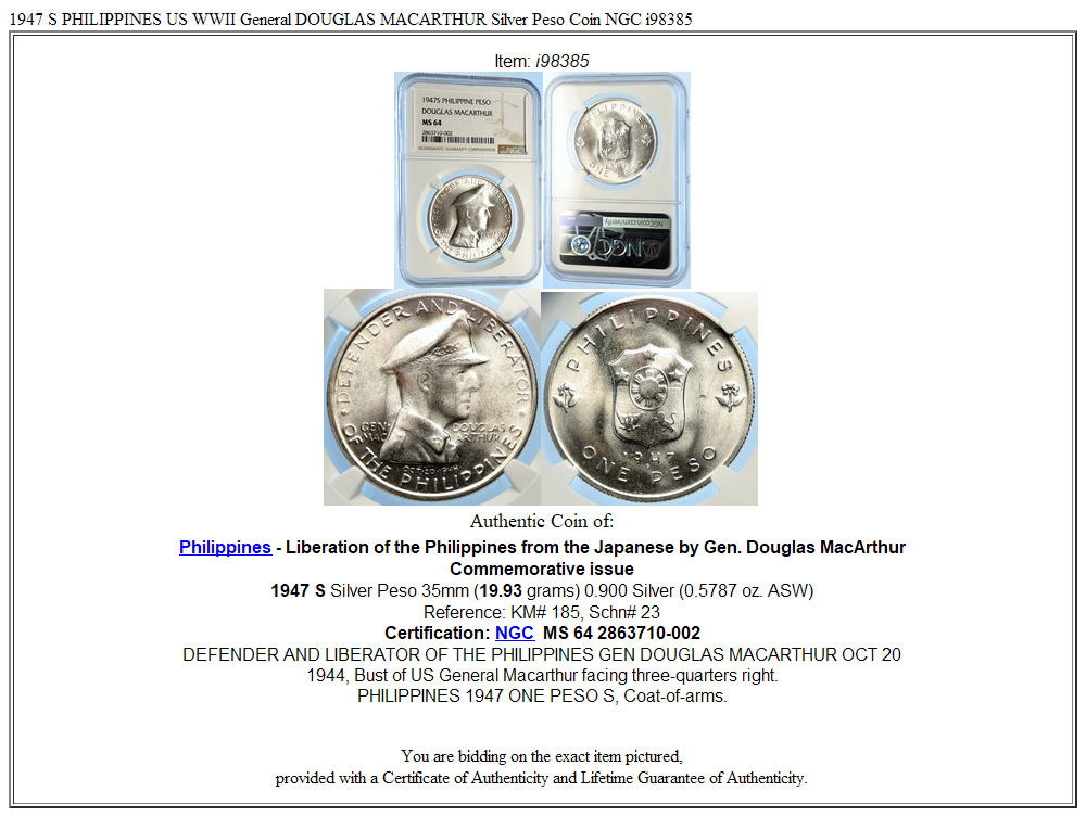 1947 S PHILIPPINES US WWII General DOUGLAS MACARTHUR Silver Peso Coin NGC i98385