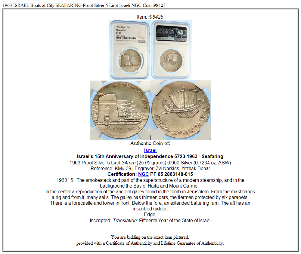 1963 ISRAEL Boats at City SEAFARING Proof Silver 5 Lirot Israeli NGC Coin i98425