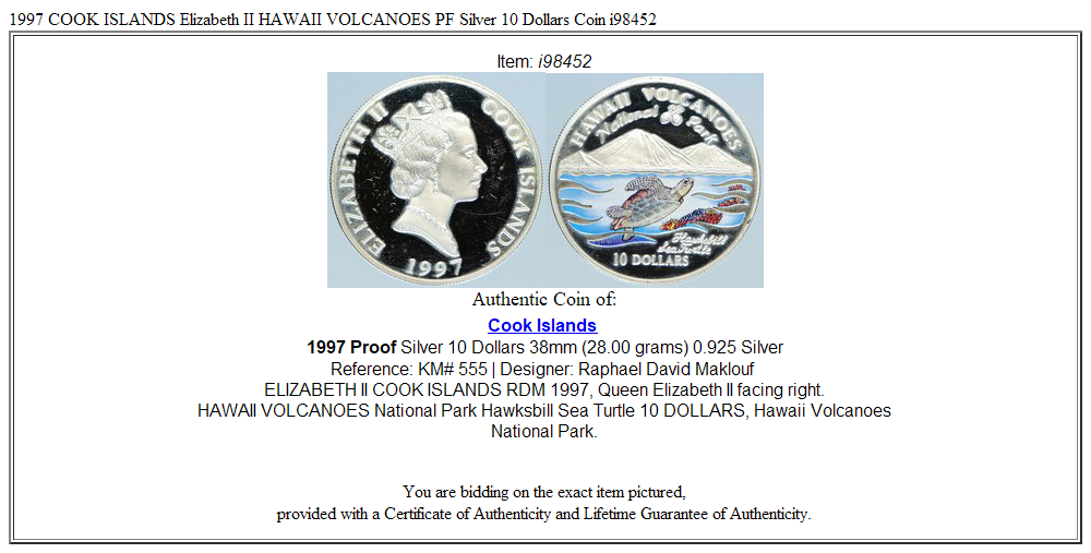 1997 COOK ISLANDS Elizabeth II HAWAII VOLCANOES PF Silver 10 Dollars Coin i98452