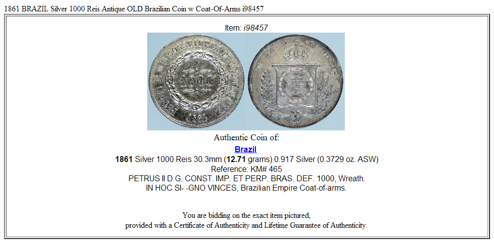 1861 BRAZIL Silver 1000 Reis Antique OLD Brazilian Coin w Coat-Of-Arms i98457