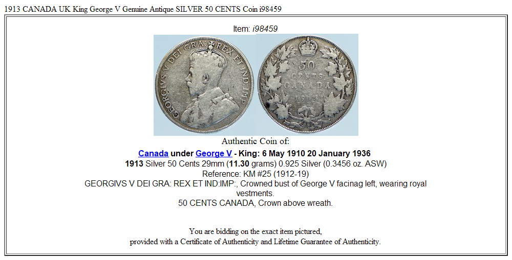 1913 CANADA UK King George V Genuine Antique SILVER 50 CENTS Coin i98459