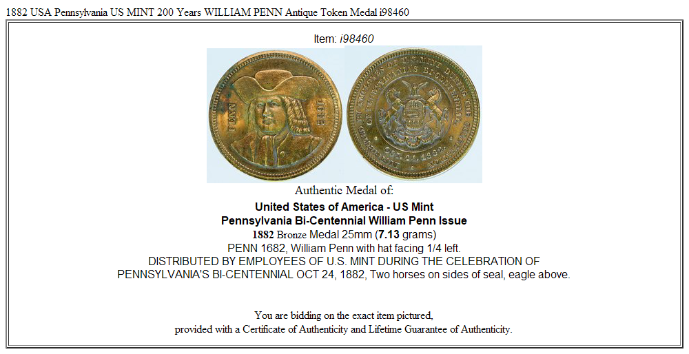 1882 USA Pennsylvania US MINT 200 Years WILLIAM PENN Antique Token Medal i98460