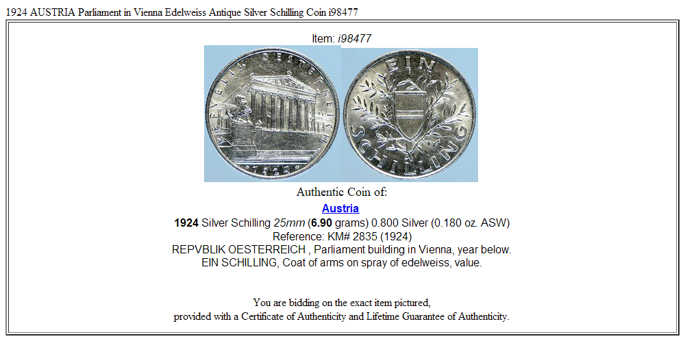 1924 AUSTRIA Parliament in Vienna Edelweiss Antique Silver Schilling Coin i98477