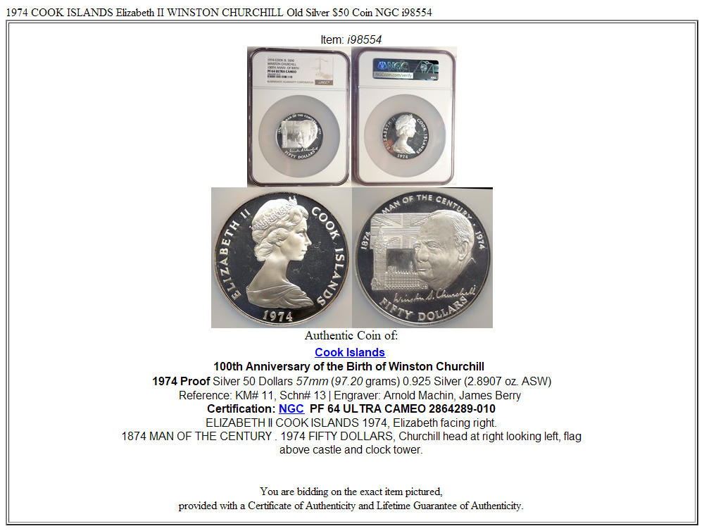 1974 COOK ISLANDS Elizabeth II WINSTON CHURCHILL Old Silver $50 Coin NGC i98554