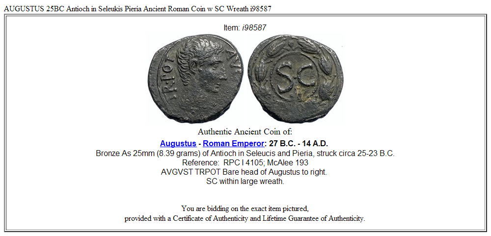 AUGUSTUS 25BC Antioch in Seleukis Pieria Ancient Roman Coin w SC Wreath i98587