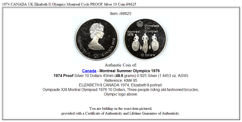 1974 CANADA UK Elizabeth II Olympics Montreal Cycle PROOF Silver 10 Coin i98625