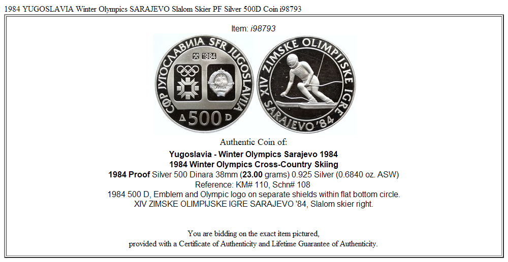 1984 YUGOSLAVIA Winter Olympics SARAJEVO Slalom Skier PF Silver 500D Coin i98793