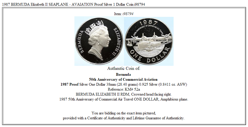 1987 BERMUDA Elizabeth II SEAPLANE - AVAIATION Proof Silver 1 Dollar Coin i98794