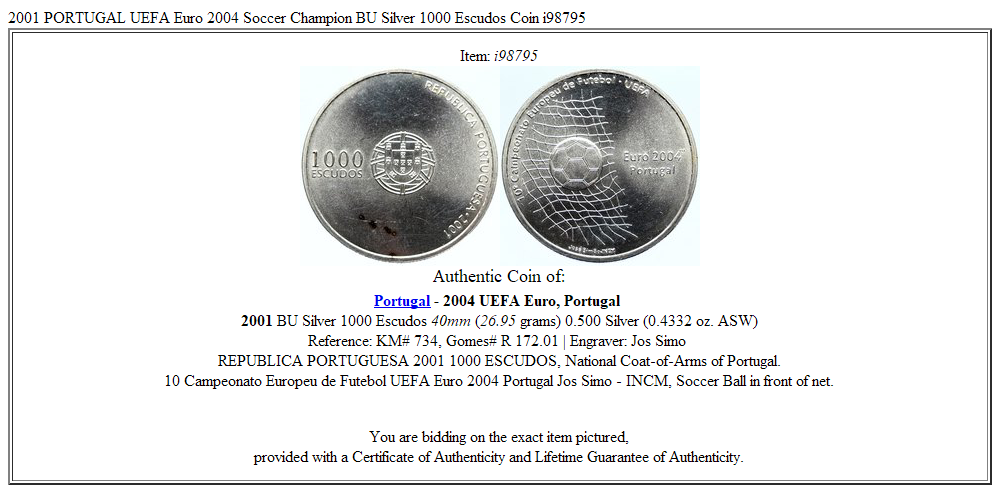 2001 PORTUGAL UEFA Euro 2004 Soccer Champion BU Silver 1000 Escudos Coin i98795