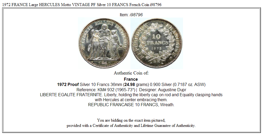 1972 FRANCE Large HERCULES Motto VINTAGE PF Silver 10 FRANCS French Coin i98796