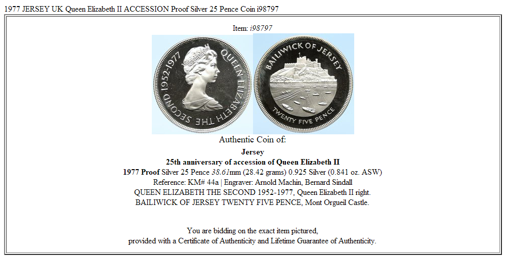 1977 JERSEY UK Queen Elizabeth II ACCESSION Proof Silver 25 Pence Coin i98797