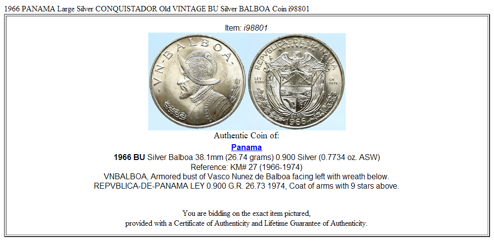 1966 PANAMA Large Silver CONQUISTADOR Old VINTAGE BU Silver BALBOA Coin i98801