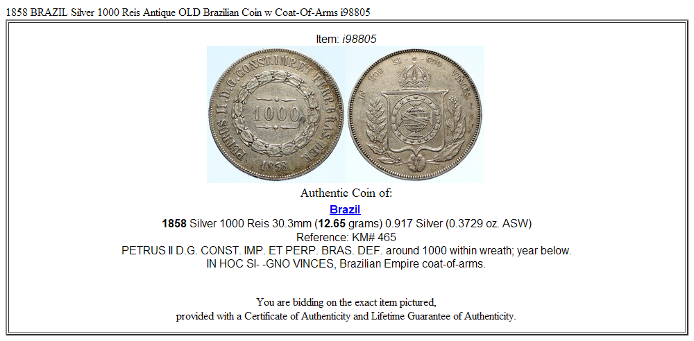 1858 BRAZIL Silver 1000 Reis Antique OLD Brazilian Coin w Coat-Of-Arms i98805