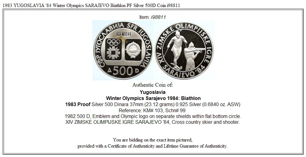 1983 YUGOSLAVIA '84 Winter Olympics SARAJEVO Biathlon PF Silver 500D Coin i98811