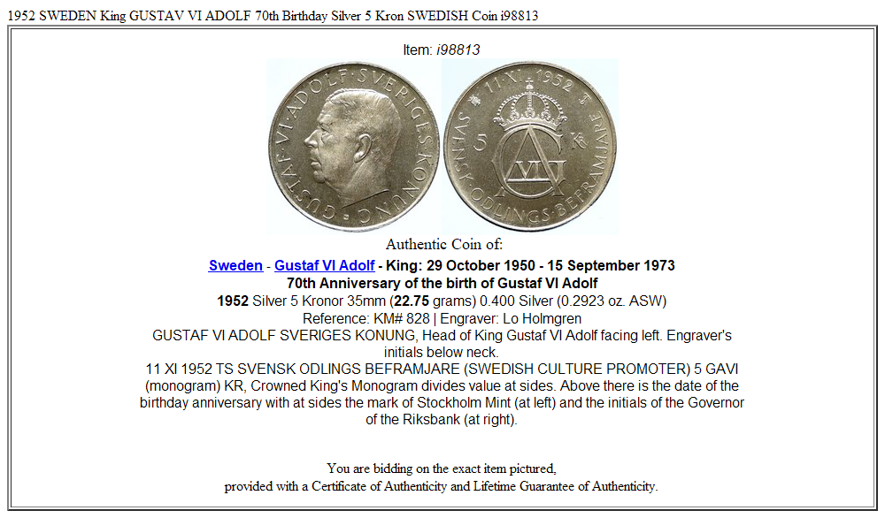 1952 SWEDEN King GUSTAV VI ADOLF 70th Birthday Silver 5 Kron SWEDISH Coin i98813