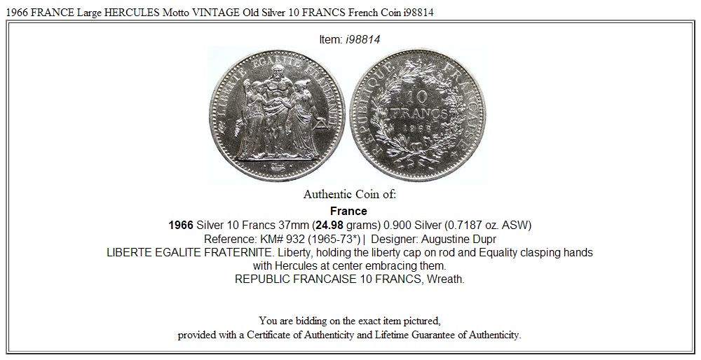 1966 FRANCE Large HERCULES Motto VINTAGE Old Silver 10 FRANCS French Coin i98814