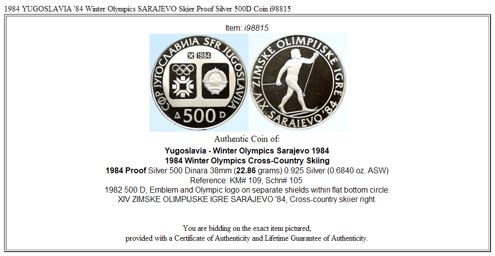 1984 YUGOSLAVIA '84 Winter Olympics SARAJEVO Skier Proof Silver 500D Coin i98815