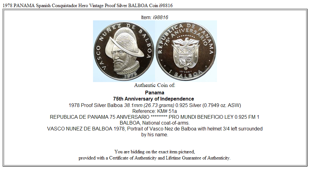 1978 PANAMA Spanish Conquistador Hero Vintage Proof Silver BALBOA Coin i98816