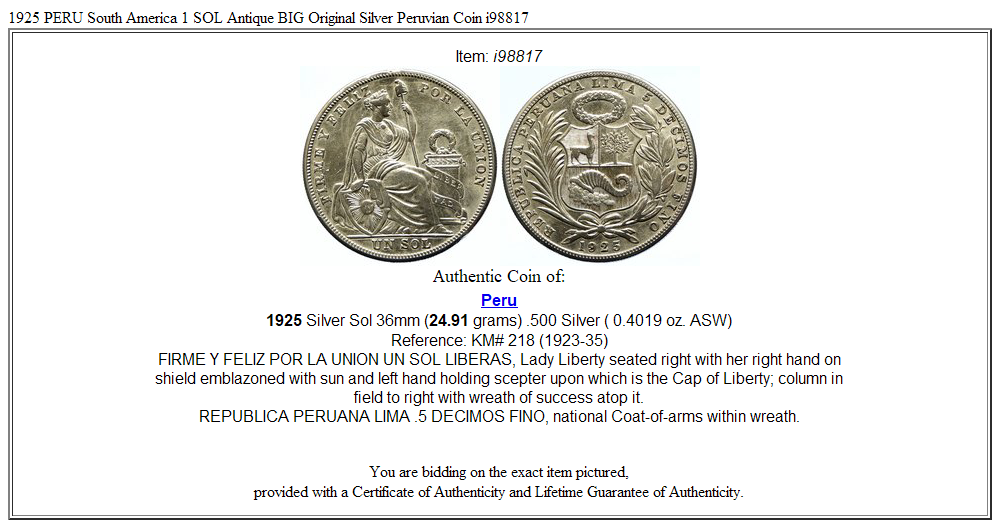 1925 PERU South America 1 SOL Antique BIG Original Silver Peruvian Coin i98817