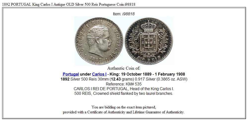 1892 PORTUGAL King Carlos I Antique OLD Silver 500 Reis Portuguese Coin i98818