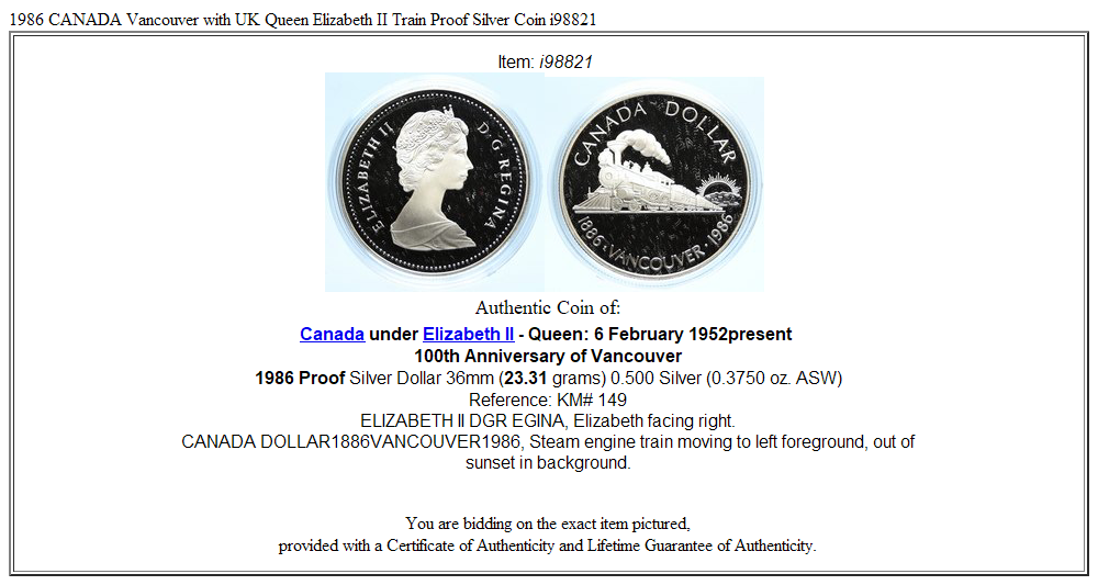 1986 CANADA Vancouver with UK Queen Elizabeth II Train Proof Silver Coin i98821