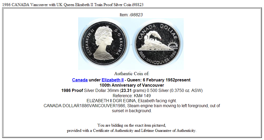 1986 CANADA Vancouver with UK Queen Elizabeth II Train Proof Silver Coin i98823