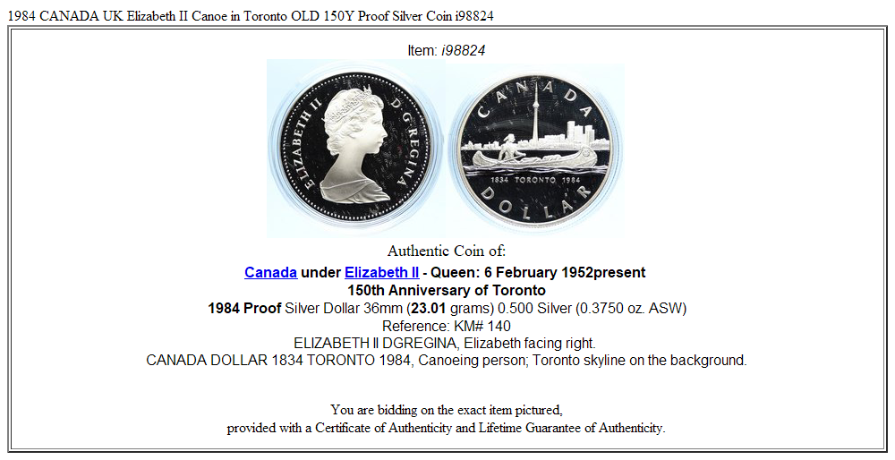 1984 CANADA UK Elizabeth II Canoe in Toronto OLD 150Y Proof Silver Coin i98824