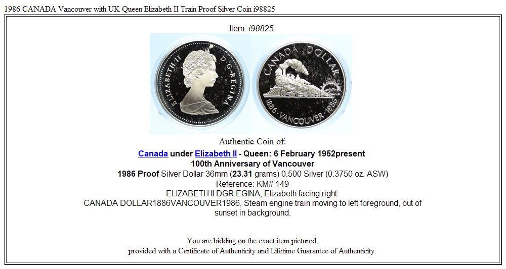 1986 CANADA Vancouver with UK Queen Elizabeth II Train Proof Silver Coin i98825