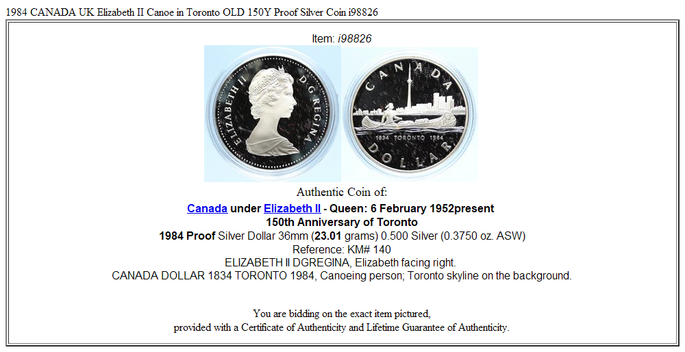 1984 CANADA UK Elizabeth II Canoe in Toronto OLD 150Y Proof Silver Coin i98826