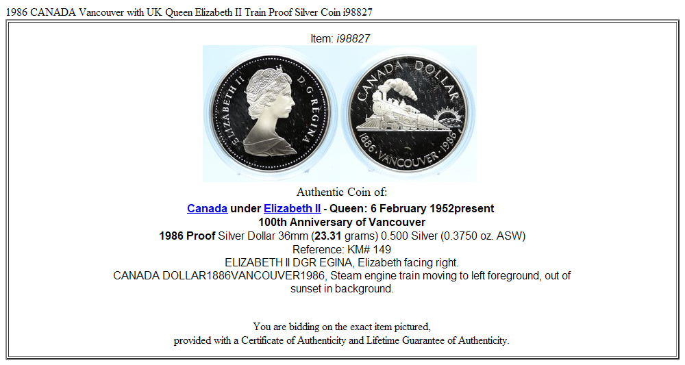 1986 CANADA Vancouver with UK Queen Elizabeth II Train Proof Silver Coin i98827