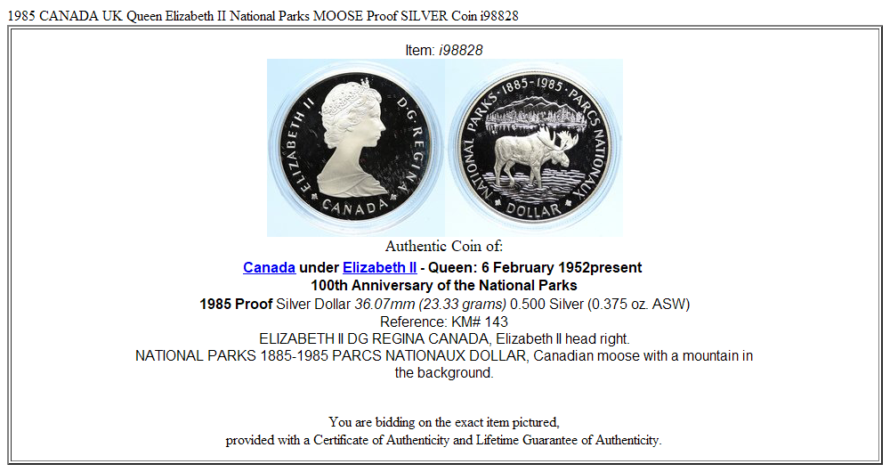 1985 CANADA UK Queen Elizabeth II National Parks MOOSE Proof SILVER Coin i98828