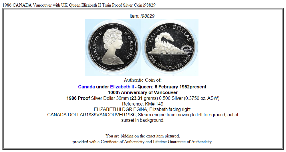 1986 CANADA Vancouver with UK Queen Elizabeth II Train Proof Silver Coin i98829